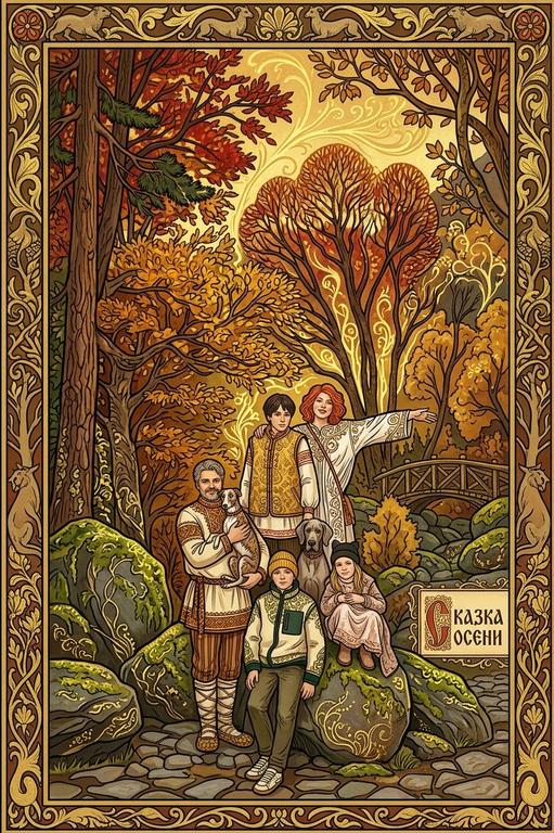 Семья на осеннем мосту